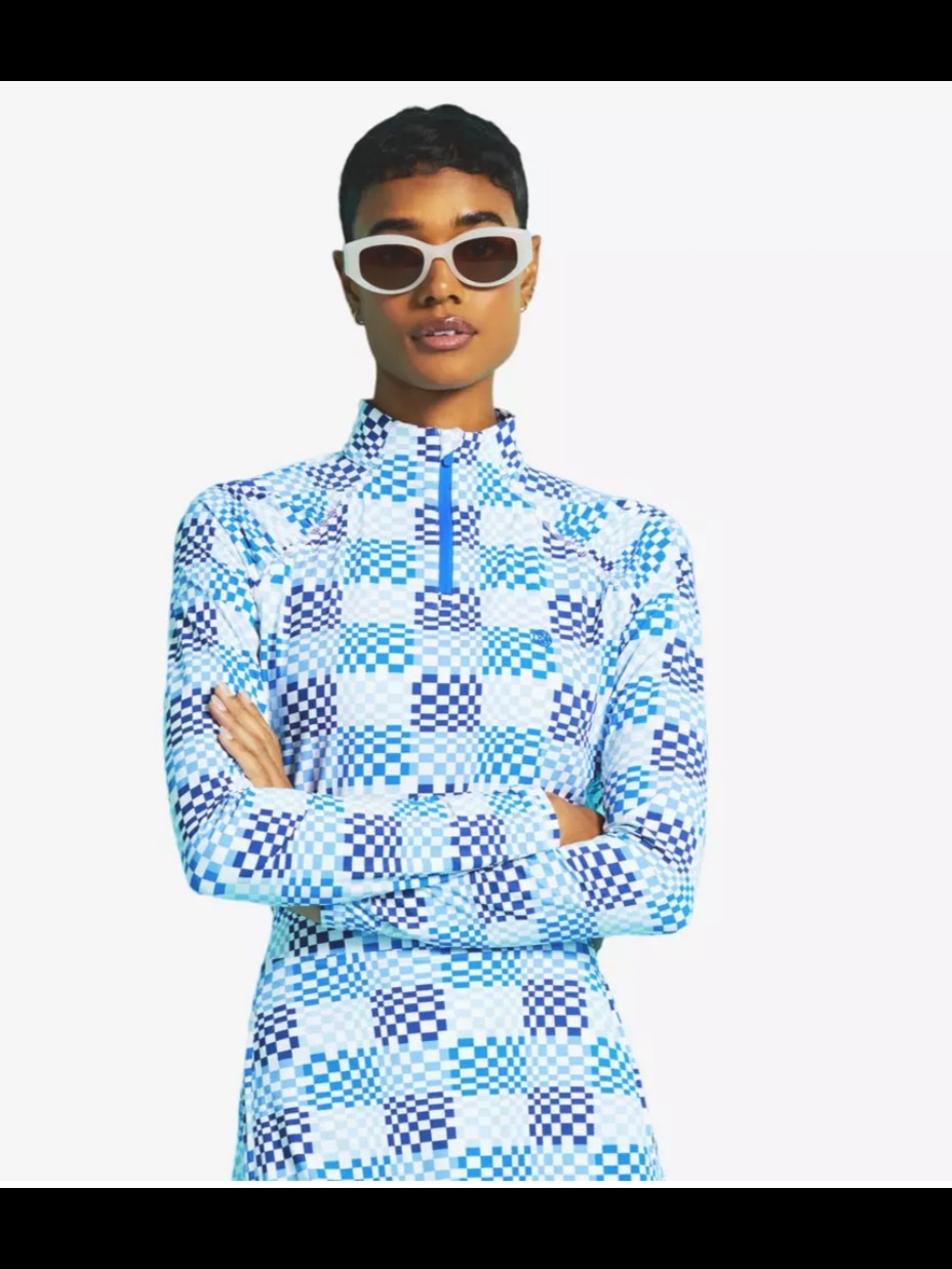 G/Fore Blue And White Checkered Zip Mock Neck Top Activewear Courtwear Golf